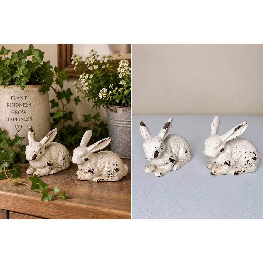 Cast Iron Bunny Figurines White Distressed Set Garden Porch Decor Shabby Chic